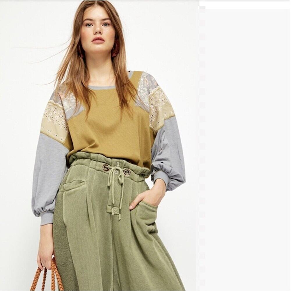 FP We The Free Feelin It Oversized‎ Boyfriend Patchwork Tee In Army Combo Size S